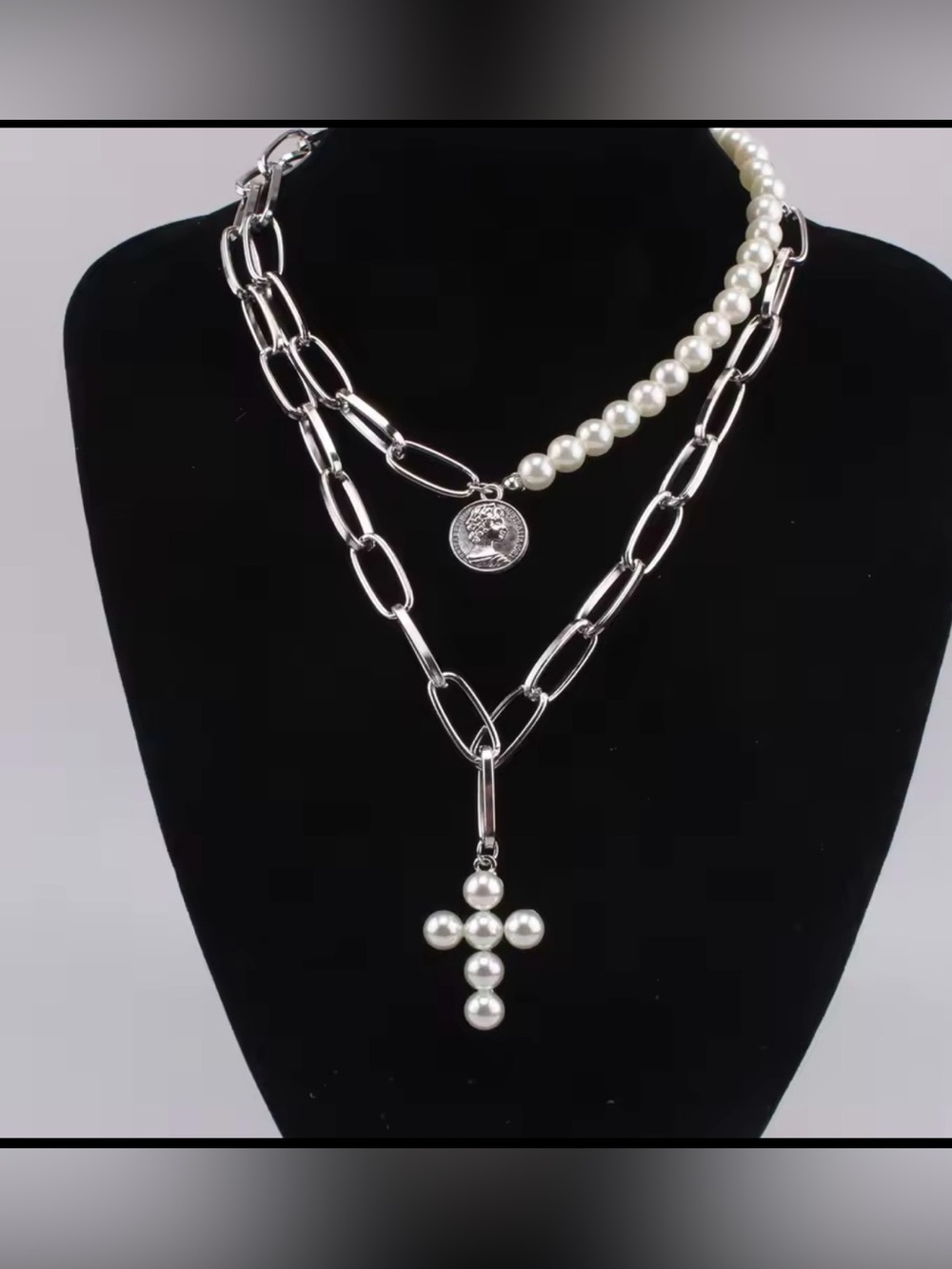 Silver Paperclip  Chain Coin ,Pearl Cross Pendant Choker Chunky Necklace